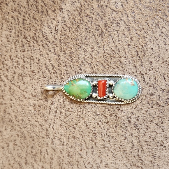 Native American Navajo Handmade Triple Stone Turquoise & Coral Pendant π©΅β₯οΈπ - Picture 11 of 11